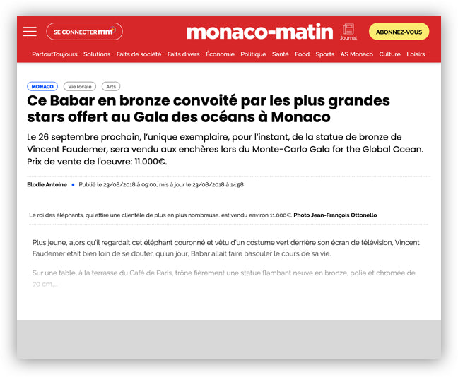 Monaco Matin - Ce Babar en bronze convoité par les plus grandes stars offert au Gala des océans à Monaco